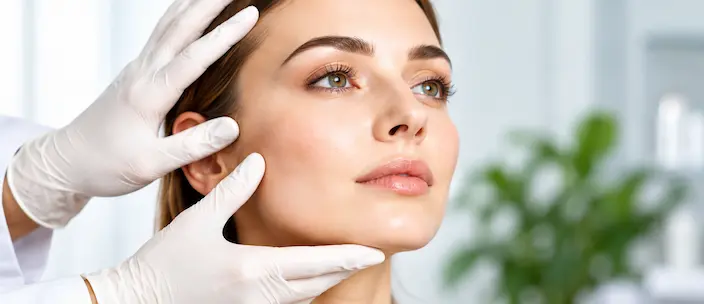 Femme beneficiant dun examen du visage realise par un professionnel de sante portant des gants