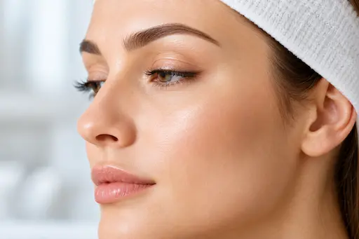 Gros plan sur le visage d’une femme avec un bandeau blanc, mettant en valeur une peau naturelle et lumineuse