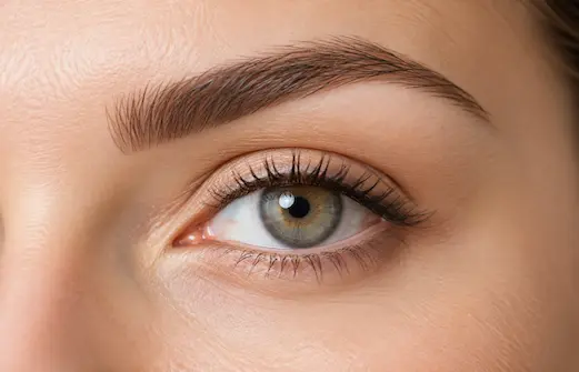Gros plan sur l’œil et le sourcil d’une femme, illustrant l’esthétique du regard