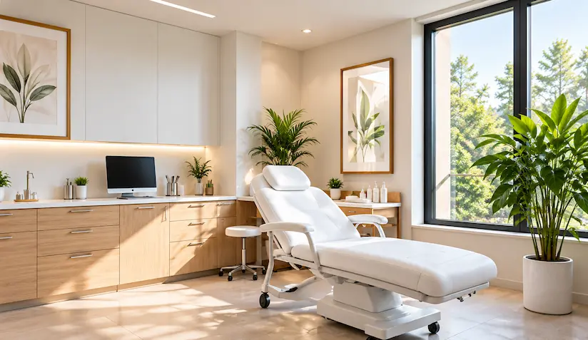 Salle de consultation moderne et lumineuse avec fauteuil médical blanc, mobilier en bois, plantes vertes et grandes fenêtres donnant sur un paysage arboré